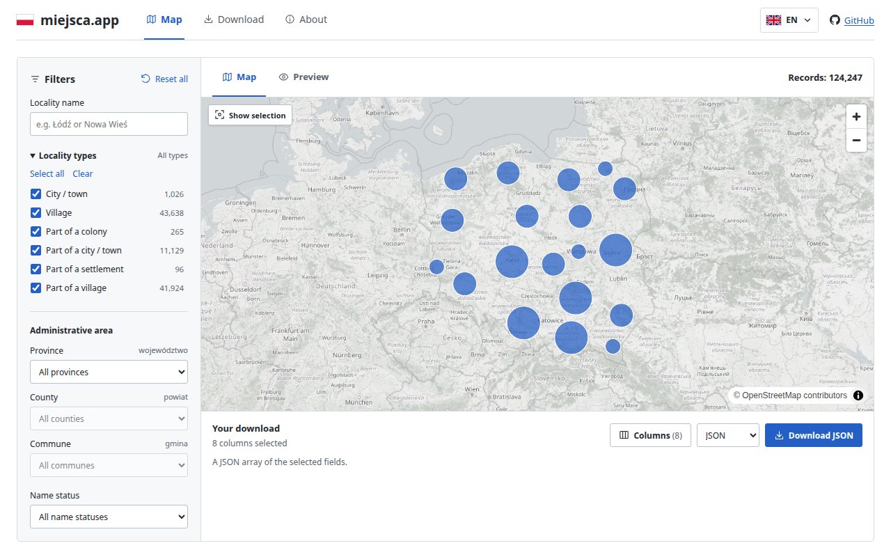 miejsca.app showing Polish places on a map, location filters, and data download options